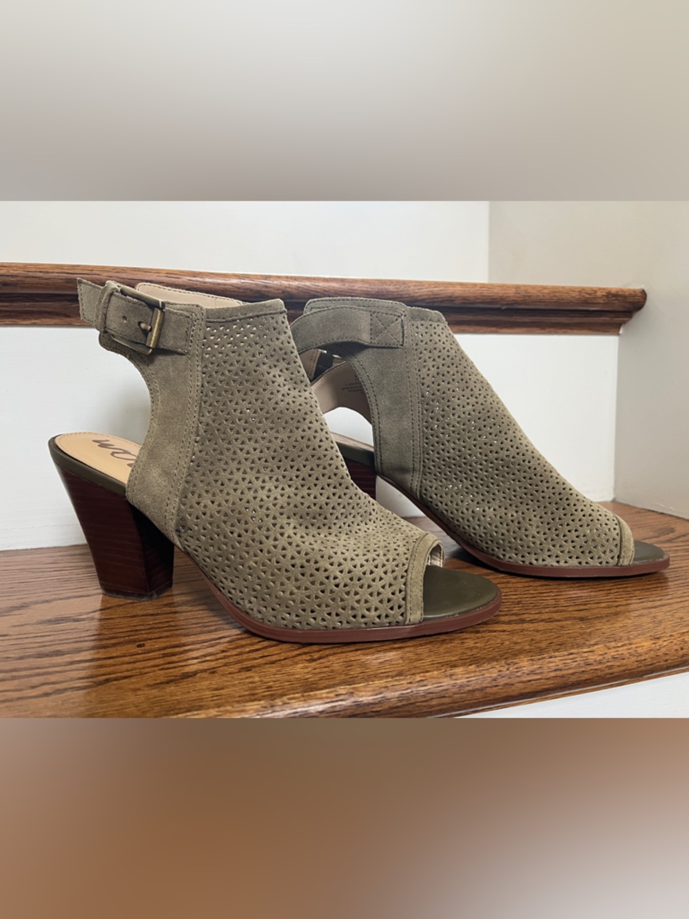Sam Edelman Olive Suede Perforated Peep-Toe Block Heels - Size 10